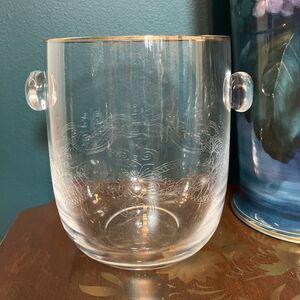 Vintage Ice Bucket Beautiful Etched Bohemian Glass W/ Gold Rim -Czech Republic